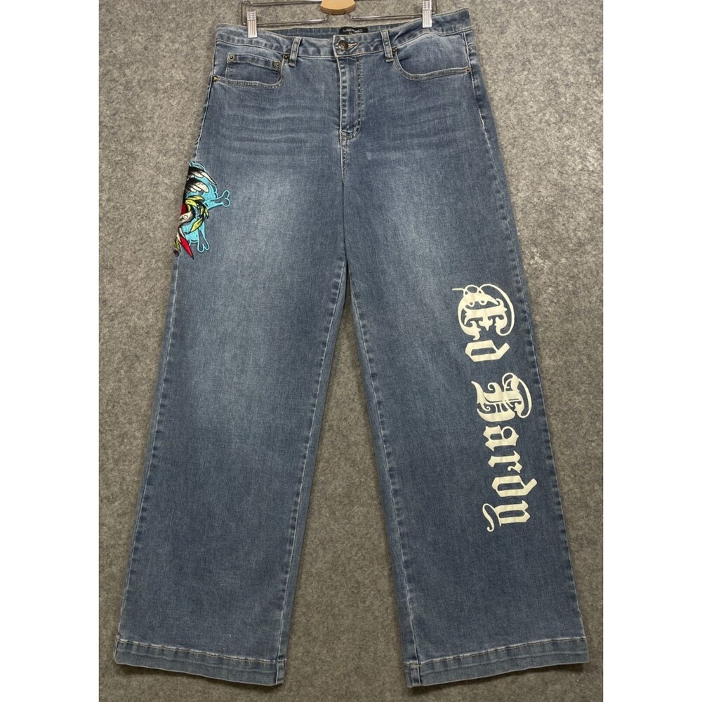 Ed Hardy Eagle Embroidered High Rise Wide Leg Jeans Womens 34 Blue Baggy Y2K